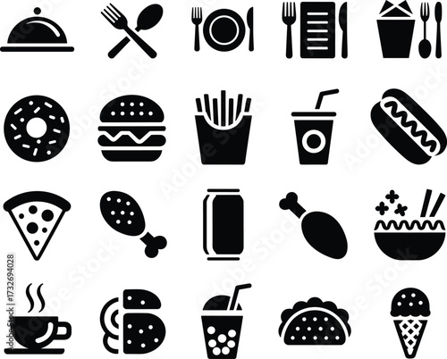 Fast food and dining icon set, black silhouette graphics for restaurant menu, culinary design, snacks, beverages, takeout, street food, and casual meals