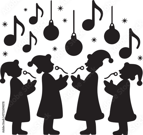 Christmas carolers singing joyfully with musical notes and ornaments festive scene