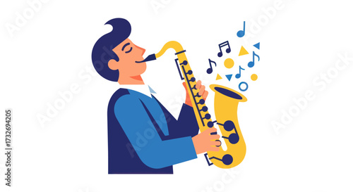 Stylish man in a blue suit playing a golden saxophone.