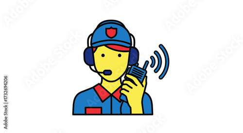 Cartoon police officer communicating with a walkie talkie radio.