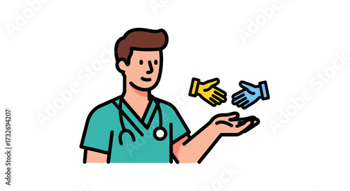 Cartoon Doctor in Scrubs with Symbolic Helping Hands.