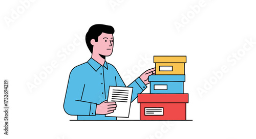 Man organizing documents and filing paperwork into boxes.