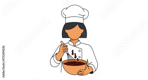 Hand drawn illustration of a female chef mixing chocolate batter.