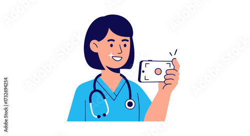 Illustrated female doctor in scrubs taking a selfie with a smartphone.