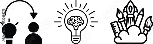 Creativity icon Ideas & Inspiration Icon Light Bulb Creative thought linear icon set. brainstorming and idea generation symbols Design Tools Icon Brain inside lightbulb icon in black creativity 