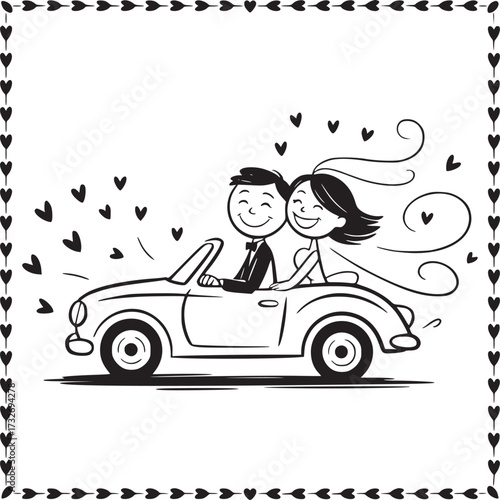 Sweetheart's Joyride: A charming black and white illustration captures the tender moment of a newly wedded couple joyfully cruising away in their classic car, surrounded by a flurry of heart symbols.