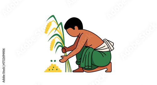 Simple illustration of a farmer harvesting grain by hand.