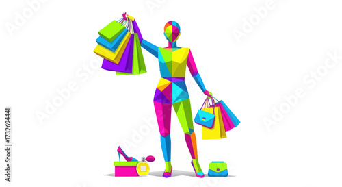 Colorful abstract geometric woman on a shopping spree.