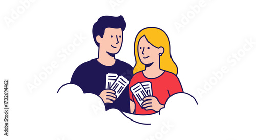 Happy young couple holding event tickets for a date.