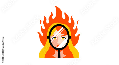 Illustration of a woman with flaming hair under scrutiny.