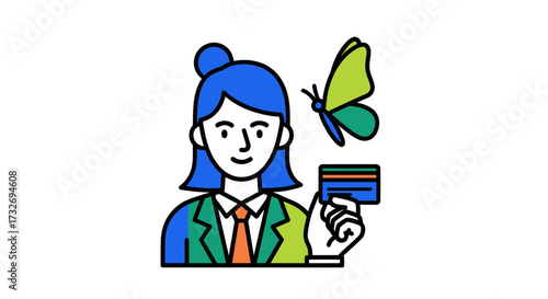 Colorful illustration of a businesswoman holding a credit card with a butterfly.