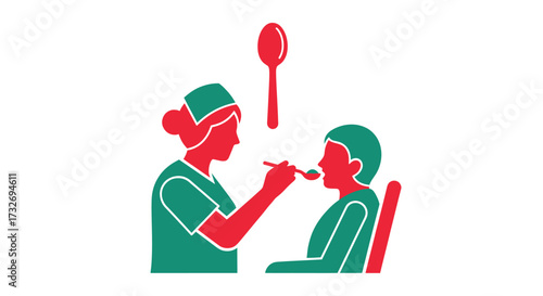 Stylized icon of a caregiver feeding a person with a spoon.