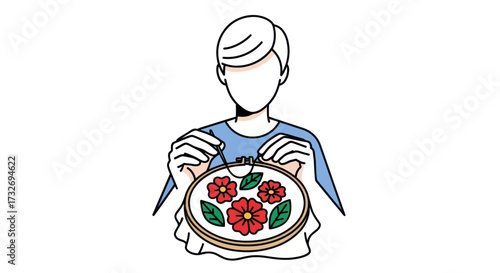 Hand drawn illustration of a person creating floral embroidery art.