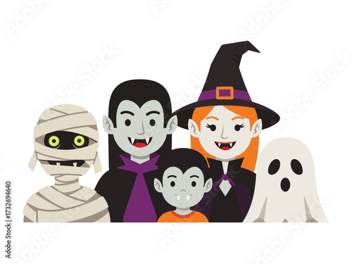 Spooky Family in Halloween: A creatively illustrated Halloween scene. The main subject consists of a group of spooky characters dressed for the holiday, showcasing festive spirit and holiday charm