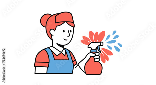 Cartoon illustration of a professional cleaning lady with a spray bottle.
