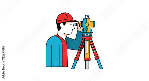 Surveyor engineer looking through a theodolite on a tripod.