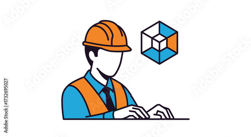Engineer in hard hat working on a design project icon.