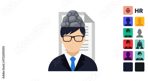 Conceptual icon of a businessman with rocks for a brain.