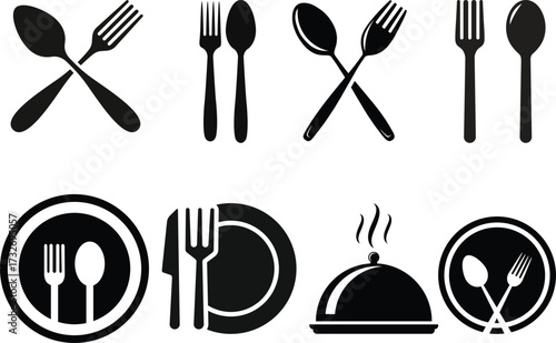 Fork, knife, plate and spoon. Menu symbol. Restaurant icon. Food, plate, fork, knife, spoon, cutlery icon set. Vector Crossed fork and spoon logo Fork, knife, plate and spoon. Restaurant icon