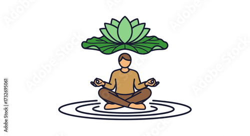 Man in lotus pose meditating peacefully under a large green leaf.