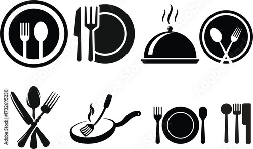 Fork, knife, plate and spoon. Menu symbol. Restaurant icon. Food, plate, fork, knife, spoon, cutlery icon set. Vector Crossed fork and spoon logo Fork, knife, plate and spoon. Restaurant icon