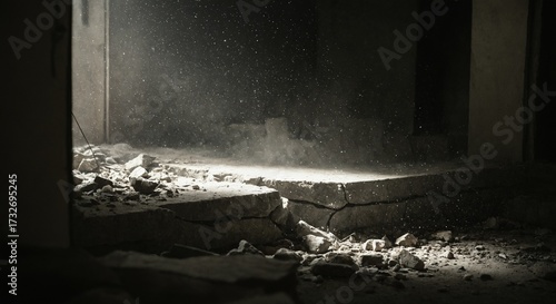 Cracked concrete floor with dust and debris in abandoned ruined building interior