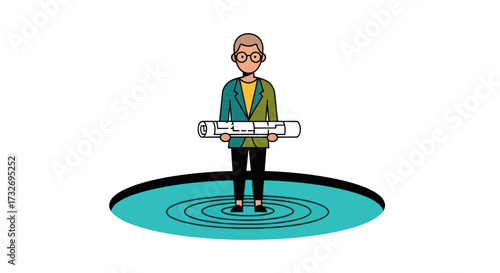 Cartoon architect character holding a rolled blueprint.