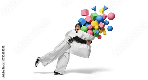 Martial artist in white uniform carrying an overflowing bag of colorful geometric shapes.