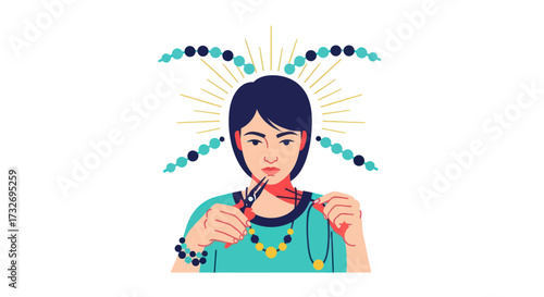 Creative woman crafting handmade beaded jewelry with tools.