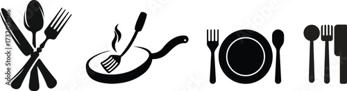 Fork, knife, plate and spoon. Menu symbol. Restaurant icon. Food, plate, fork, knife, spoon, cutlery icon set. Vector Crossed fork and spoon logo Fork, knife, plate and spoon. Restaurant icon