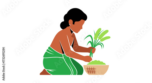 Illustration of a traditional woman farmer working with crops.