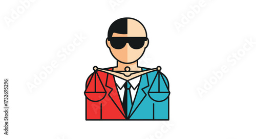 Stylized icon of a man representing justice with scales.