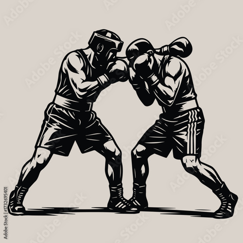 Boxers Fighting, Sports Illustration in Engraving Style