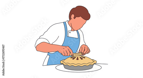 Male baker in a blue apron carefully decorating a freshly baked pie.