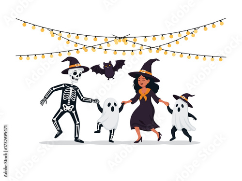 Halloween Dancing Party: A playful Halloween scene features a skeleton, a witch, and two friendly ghosts, all dancing happily under a string of festive lights, with a bat flying above.