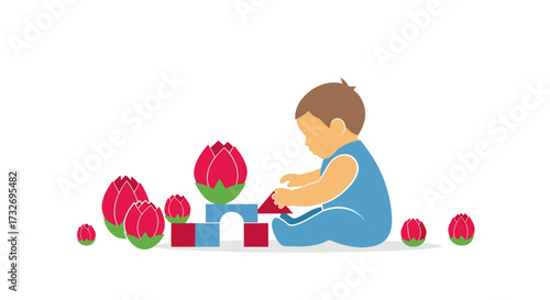 Cute toddler boy playing with colorful building blocks illustration.