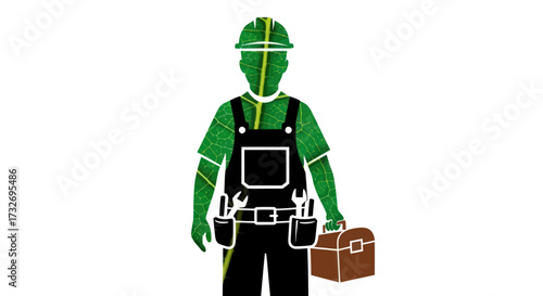 Stylized green illustration of a construction worker with toolbox.