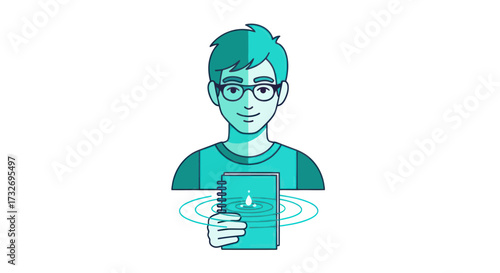 Young person with glasses holding a notebook and radiating ideas.