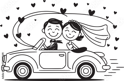 Just Married: A delightful illustration capturing a newlywed couple's joyous car ride, symbolized by hearts as they embark on their marital journey.