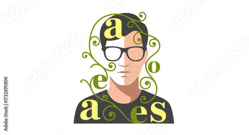 Stylized graphic portrait of a man with typographic vines.