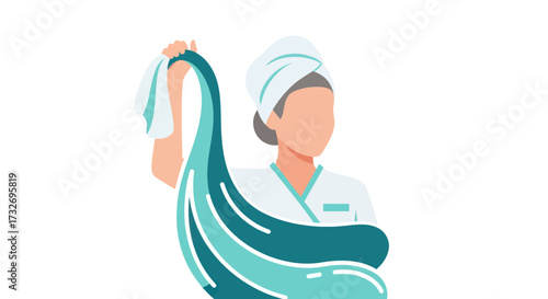 Minimalist vector illustration of a woman in a bathrobe and towel.