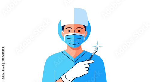 Male dentist in blue scrubs and mask holding a dental mirror.