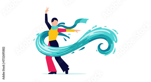 Energetic person in colorful clothes dancing with a swirling turquoise wave.