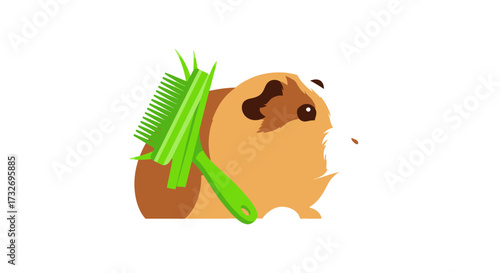 Cute cartoon guinea pig eating a green snack with a comb.