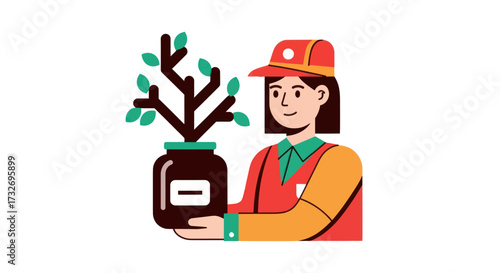 Friendly delivery person in a red cap holding a potted sapling.