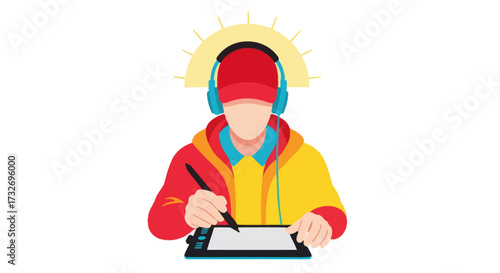Young digital artist with headphones drawing on a graphics tablet.