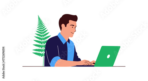Side profile of a young man working on a laptop computer.