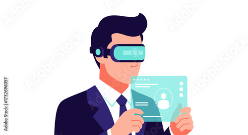 Businessman wearing virtual reality headset interacting with a futuristic interface.