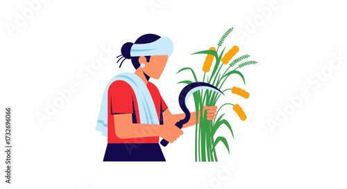 Vector Illustration of an Indian Farmer Harvesting Crops.