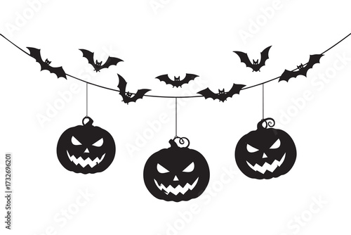 Black silhouette Halloween pumpkins and bats hanging on a string against a white background jack-o-lantern